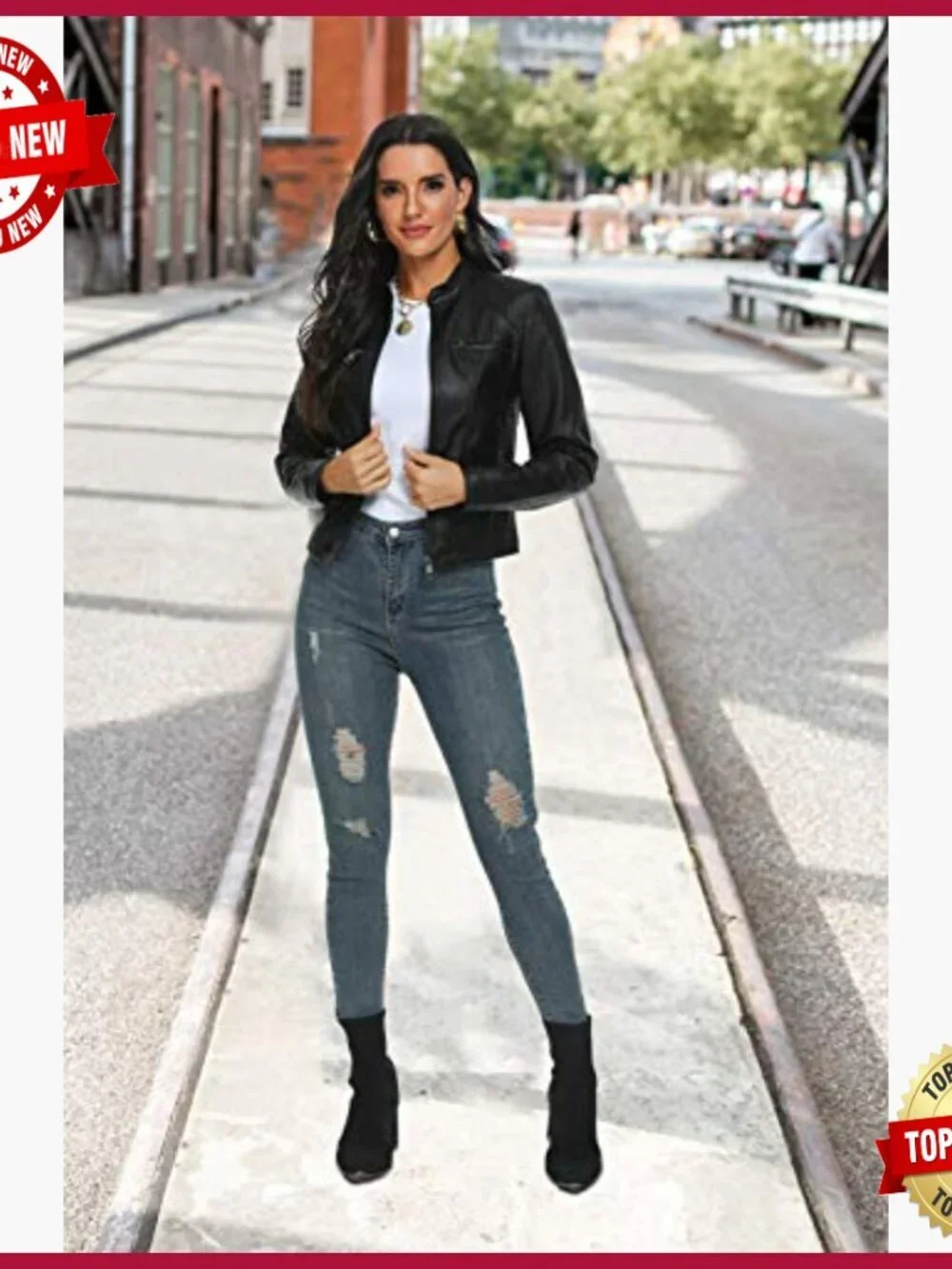Faux Leather Motorcycle Jacket with Stand Collar, Polyester Lining